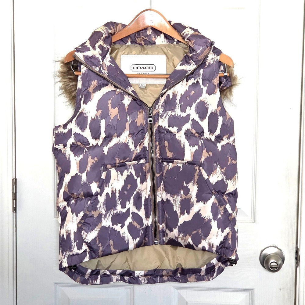 Coach Women Hooded Puffer Vest Animal Print Pattern Size XS/TP